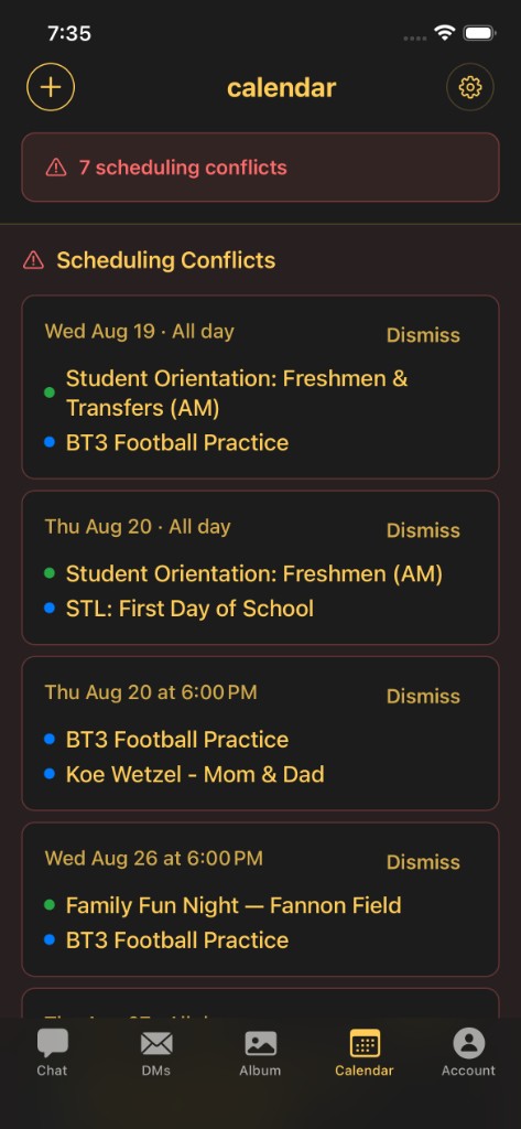 Scheduling conflicts list with overlapping events you can dismiss