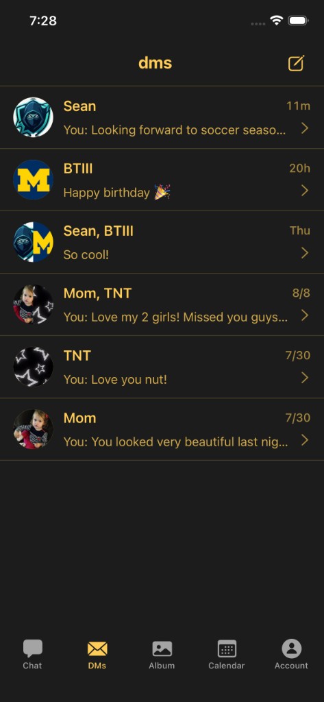 Direct message list with family threads and recent notes